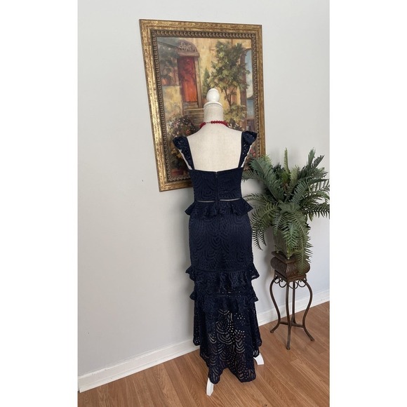 Women's CITY STUDIO 3 Tiers 5 Blue Lace Tea Length Stretch Cocktail Party Dress - Picture 5 of 12